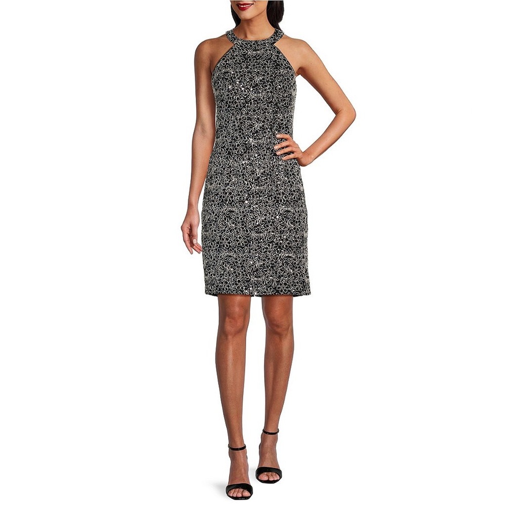 NWT Alex Evenings Petite Size 6P Sleeveless Halter Neck Lace Sequin Sheath Dress